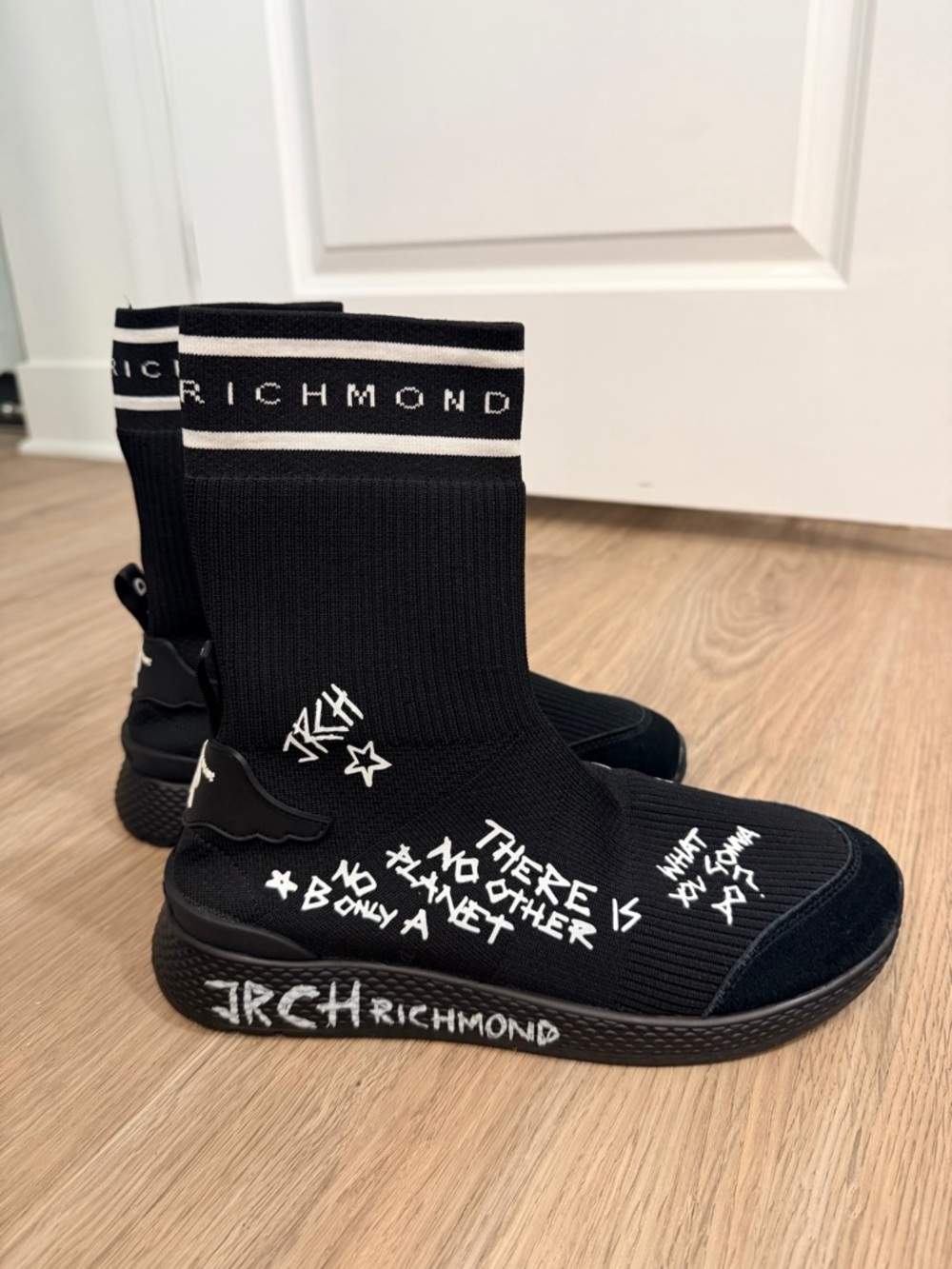 Richmond Black Knit Sock-Style High-Top Sneakers with White Script